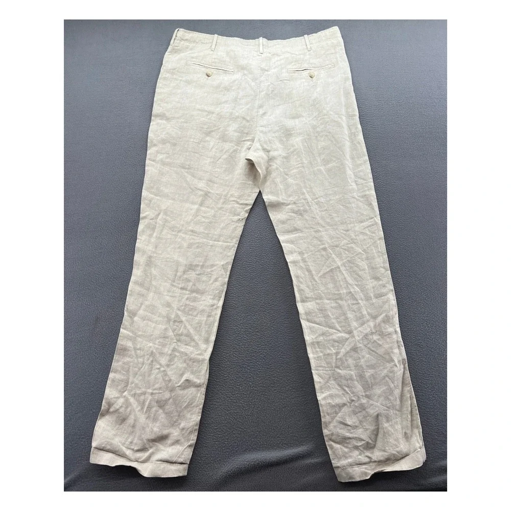 Perry Ellis Linen Pants Mens 36x34 Drawstring Straight Leg Beige Casual